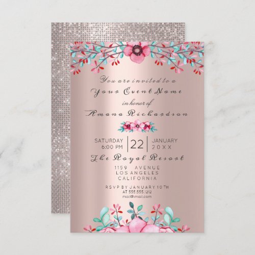 Birthday Bridal  Floral Pink Bohemian Rose Sparkly Invitation