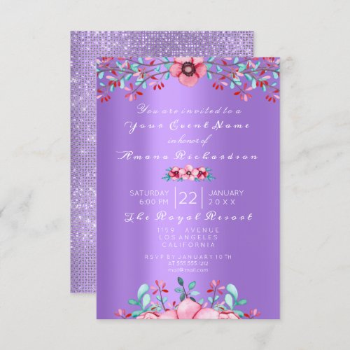 Birthday Bridal Floral Pink Purple Copper Sparkly Invitation