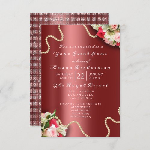 Birthday Bridal  Floral Pink Roses Burgundy Pearls Invitation