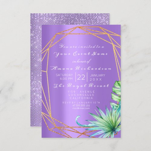 Birthday Bridal Floral Purple Tropic Frame Sparkly Invitation