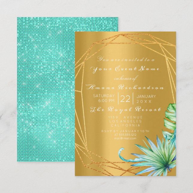 Birthday Bridal Palm Mint Aqua Tropic Frame Gold Invitation (Front/Back)