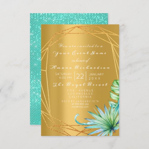 Birthday Bridal Palm Mint Aqua Tropic Frame Gold Invitation