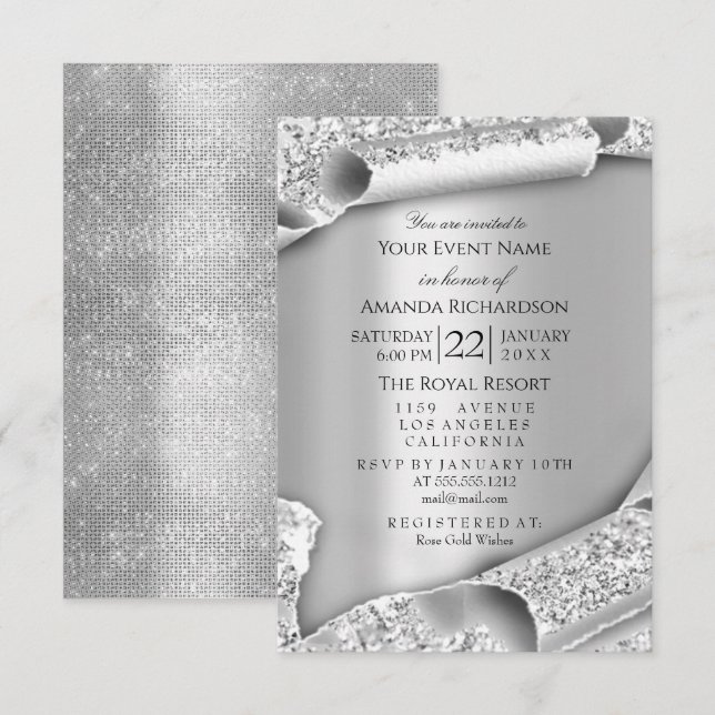 Birthday Bridal Shower 3D Gray Silver Glitter Invitation (Front/Back)