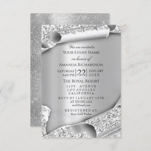 Birthday Bridal Shower 3D Gray Silver Glitter Invitation