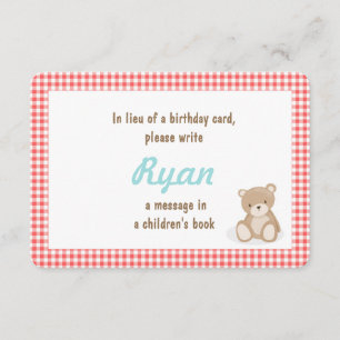 Birthday Bring a book Teddy Bear insert card Red