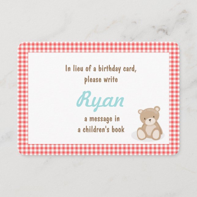 Birthday Bring a book Teddy Bear insert card Red (Front)
