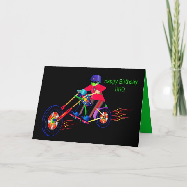 Birthday BRO Semi-Gloss Fun Man Riding Motorcycle Card (Front)