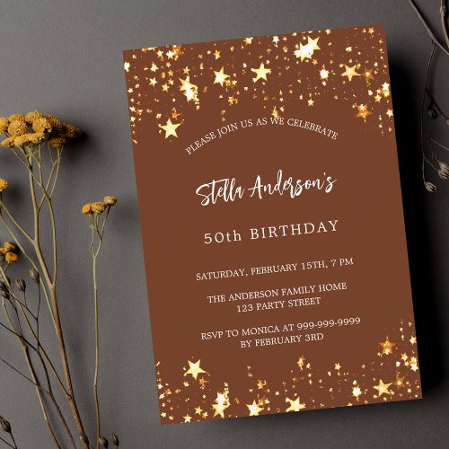 Birthday brown gold stars invitation postcard