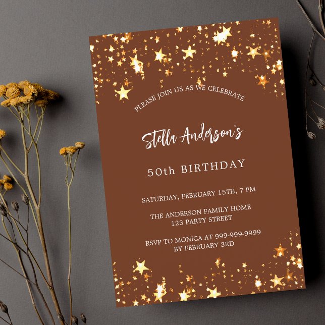 Birthday brown gold stars luxury invitation (Creator Uploaded)