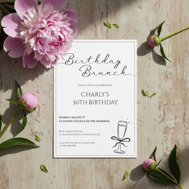 Birthday Brunch Invitation for Women (Birthday brunch invitation with pink peony and buds on rustic wooden background.)