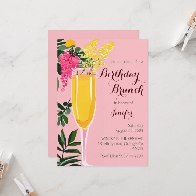 Birthday Brunch mimosa watercolor Invitation (Front/Back In Situ)