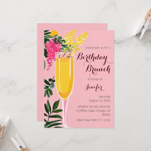 Birthday Brunch mimosa watercolor Invitation