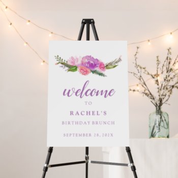 Birthday Brunch Welcome Sign Pink Purple Flowers by Vineyard at Zazzle