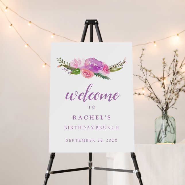 Birthday Brunch Welcome Sign Pink Purple Flowers (In Situ (Stand))
