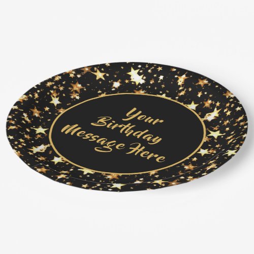 Birthday Brush Script Black Gold Stars Personalize Paper Plates
