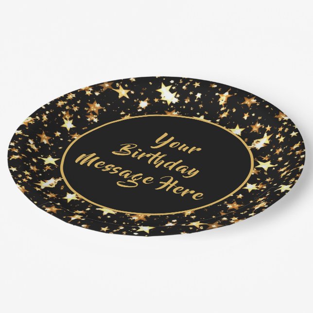 Birthday Brush Script Black Gold Stars Personalize Paper Plates (Angled)