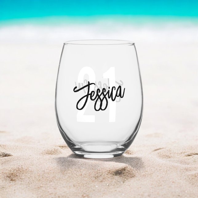 Birthday Brush Script Modern Stemless Wine Glass (Creator Uploaded)