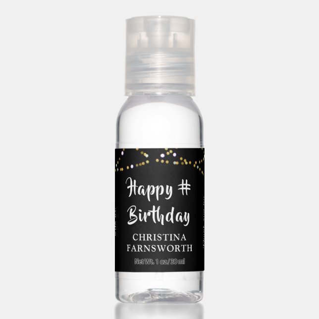 Birthday Brush Script String Lights Black Favor Hand Sanitizer (Front)