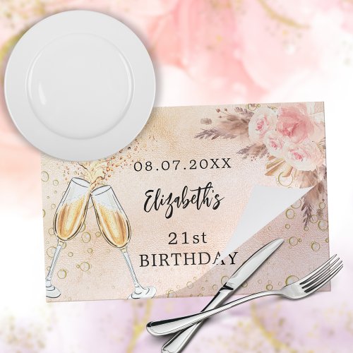 Birthday bubbly pampas rose party paper placemat