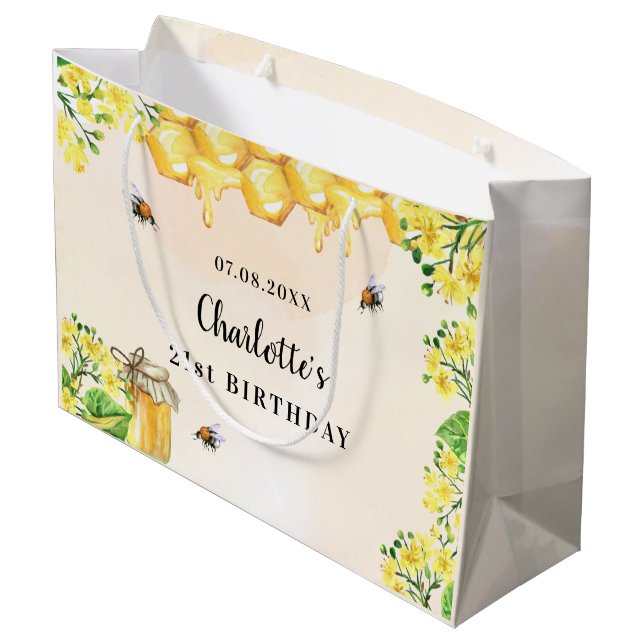 Birthday bumble bees honey yellow florals monogram large gift bag (Back Angled)