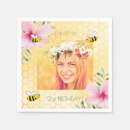 Birthday bumble bees honeycomb pink floral photo napkins