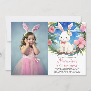 Birthday Bunny Girl Photo Cute Rabbit Pink Flowers Invitation