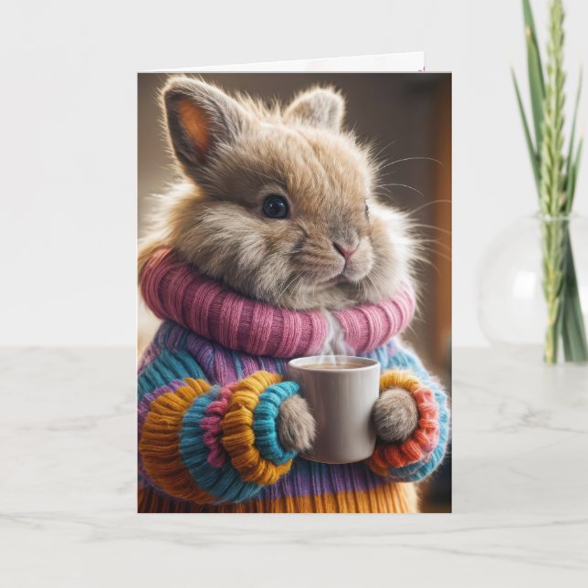 Birthday Bunny Holding a Coffee Mug Card (Front)