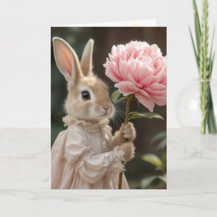 Birthday Bunny Holding a Pink Peony Card