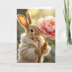 Birthday Bunny In a Fur Coat With Pink Peony Card