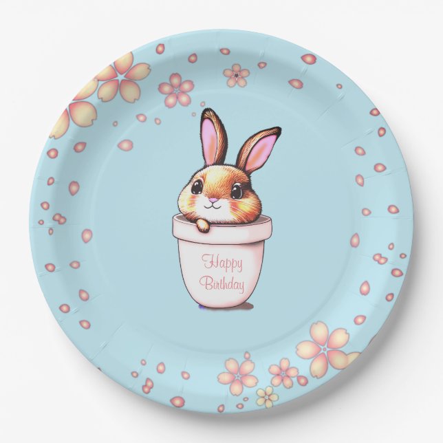 Birthday Bunny Plant Pot & Flowers on Light Blue Paper Plates (Front)