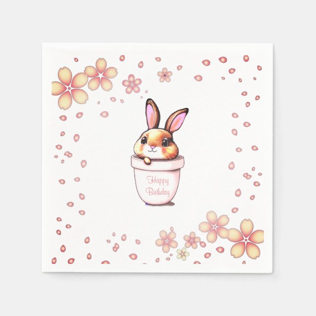 Birthday Bunny Plant Pot & Flowers on White Napkins (Front)