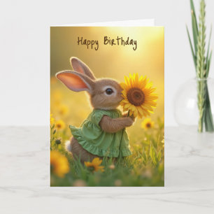 Birthday Bunny Sniffing a Yellow Sunflower Card