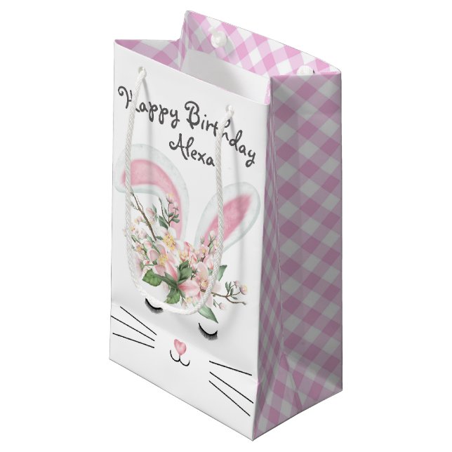 Birthday Bunny with Flowers and Gingham Small Gift Bag (Front Angled)