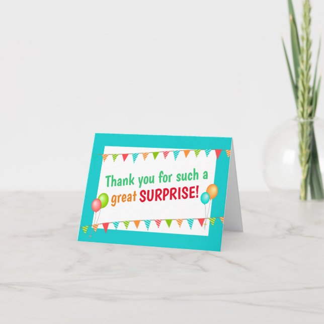 Birthday Bunting and Balloons Surprise Party Thank You Card (Front)