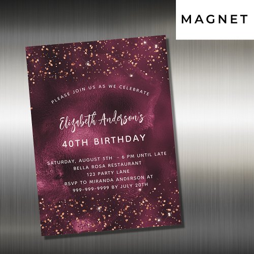 Birthday burgundy agate rose gold luxury magnetic invitation