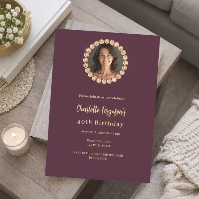 Birthday burgundy diamond photo invitation (Creator Uploaded)