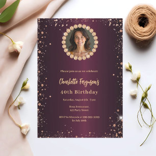 Birthday burgundy diamonds glitter photo invitation