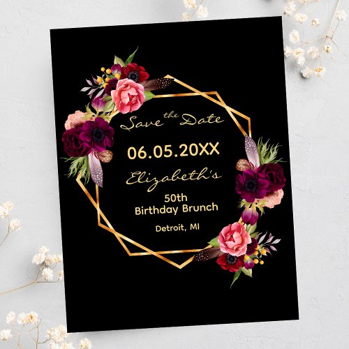 Birthday burgundy floral black Save the Date Postcard