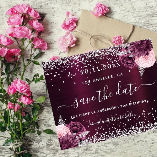 Birthday burgundy floral budget save the date flyer