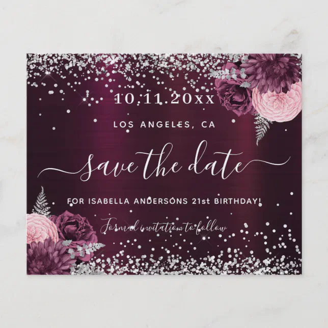 Birthday burgundy floral budget save the date flyer Zazzle