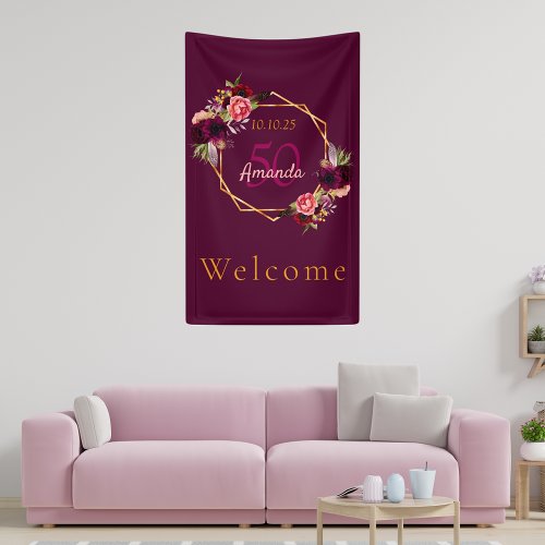 Birthday burgundy floral geometric welcome banner