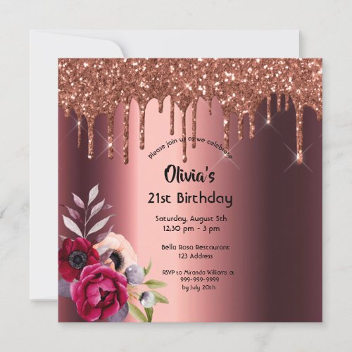 Birthday burgundy floral glitter drip invitation