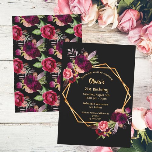 Birthday burgundy floral gold geometric black invitation
