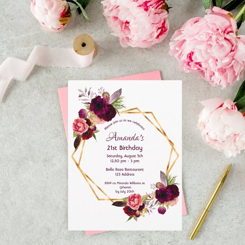 Birthday burgundy floral gold invitation postcard