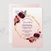 Birthday burgundy floral rose gold invitation postcard (Front/Back)