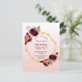 Birthday burgundy floral rose gold invitation postcard (Standing Front)