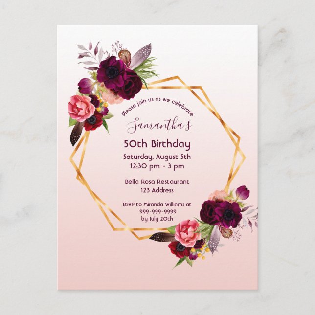 Birthday burgundy floral rose gold invitation postcard (Front)