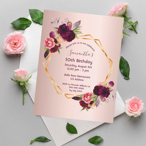 Birthday burgundy floral rose gold invitation postcard
