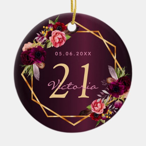 Birthday burgundy florals gold geometric ceramic ornament