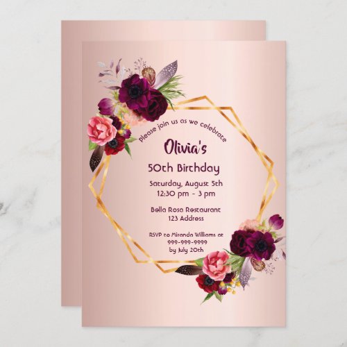 Birthday burgundy florals rose gold geometric invitation